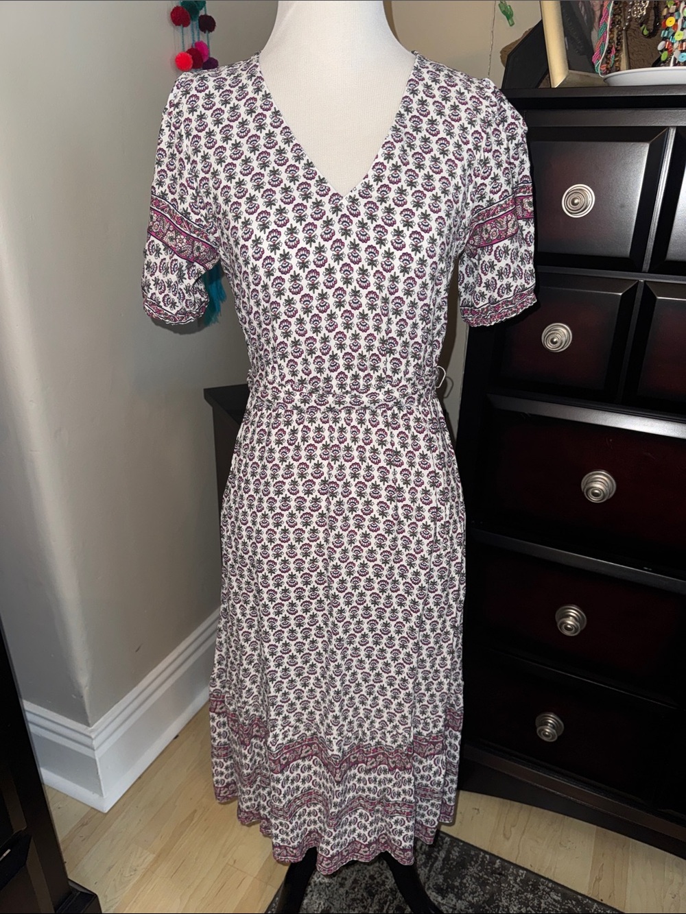 LOGT Floral V-Neck Midi Dress in White and Purple
